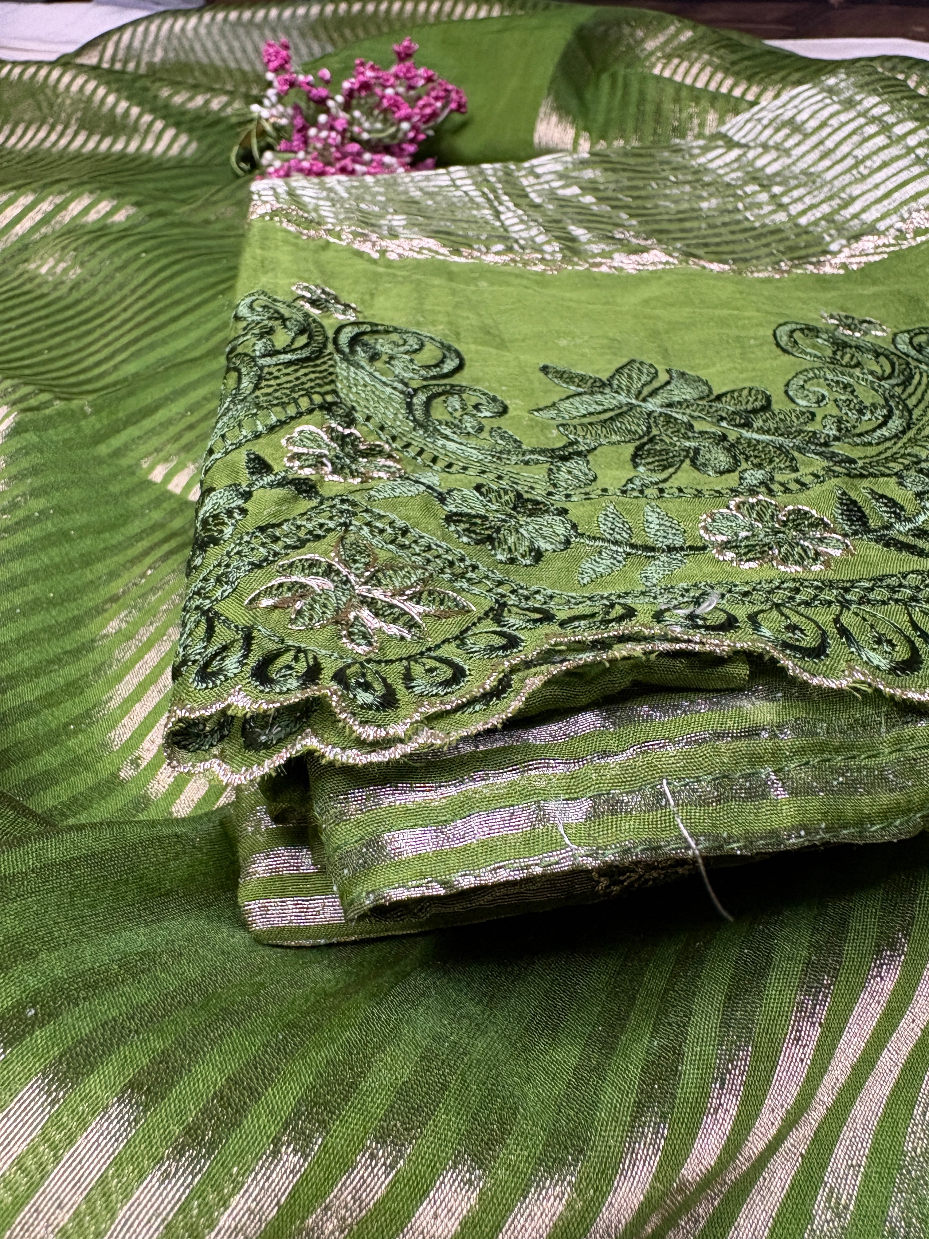 Banarasi Olive Green Suit With Chanderi Bottom