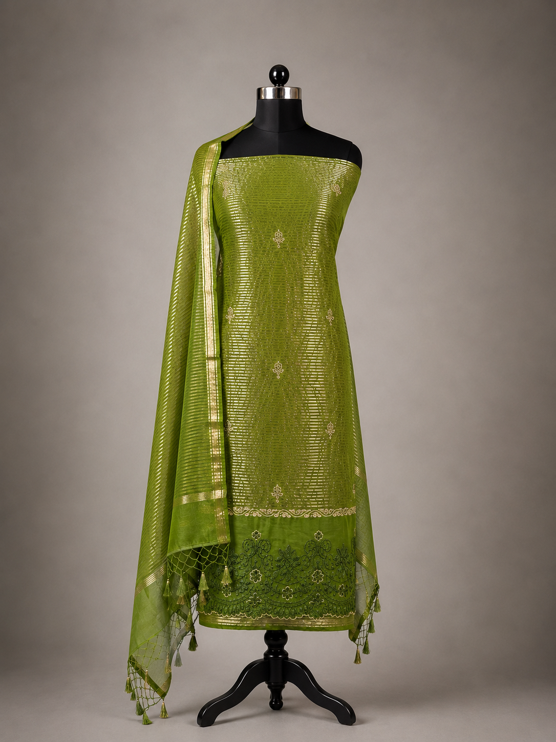 Banarasi Olive Green Suit With Chanderi Bottom