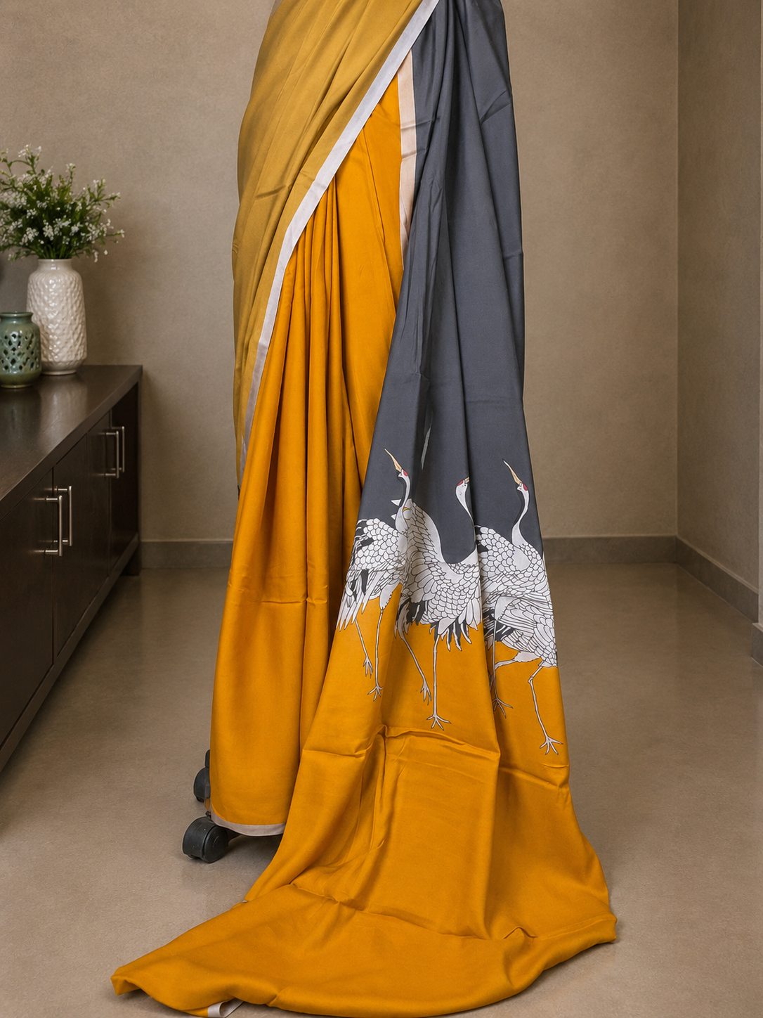 Yellow & Grey Dual-Dye Chanderi Saree with Crane Motifs on the Pallu