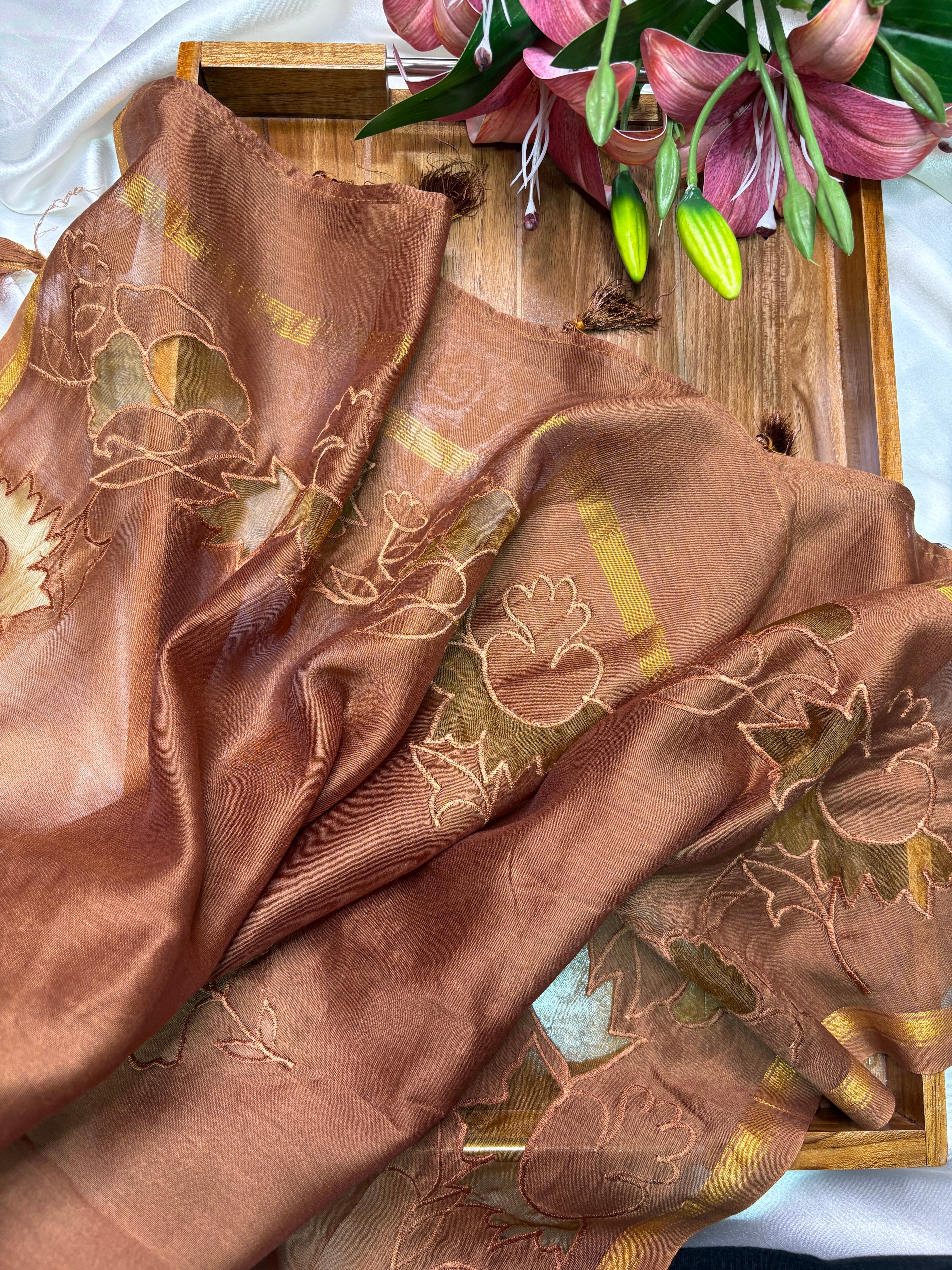 Cocoa Brown Mul Chanderi Cutwork Saree