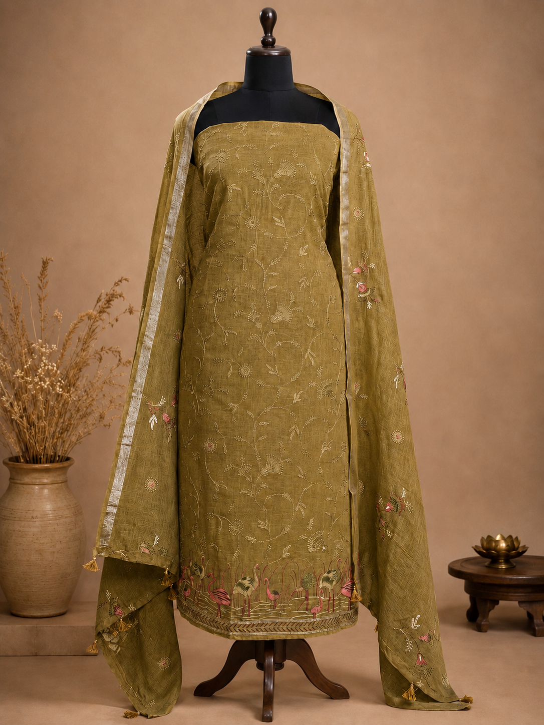 Olive pure linen suit set with flamingo and floral embroidery