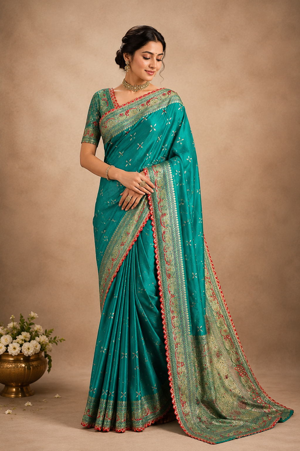 Peacock teal Banarasi saree with foil print and hand embroidery