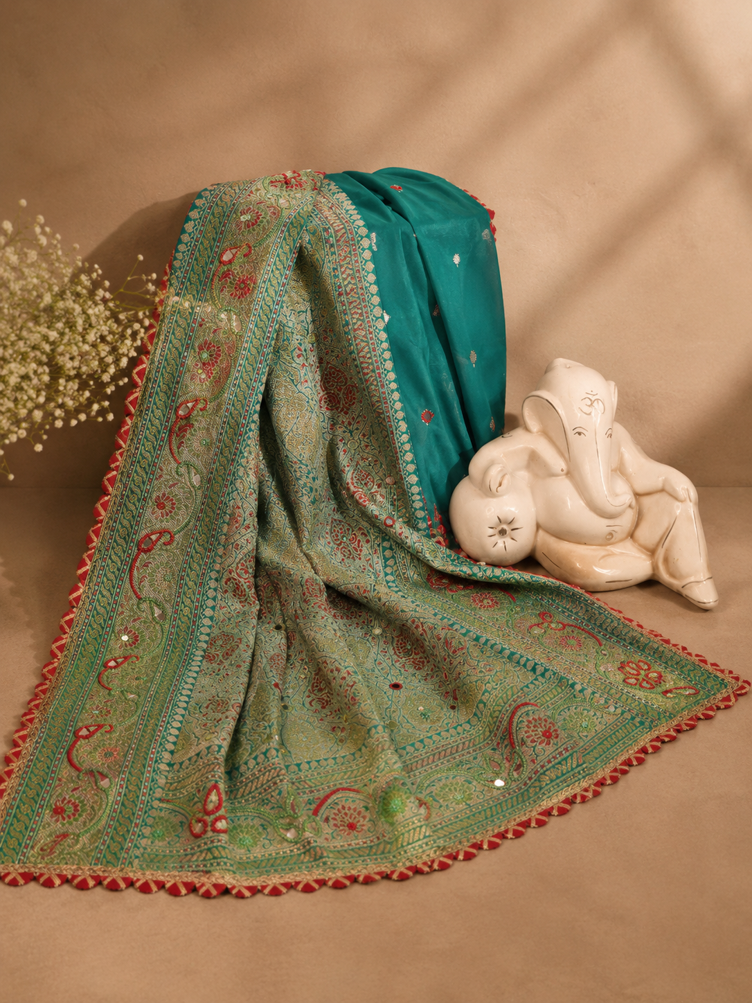 Peacock Teal Banarasi Saree with Foil Print & Hand Embroidery