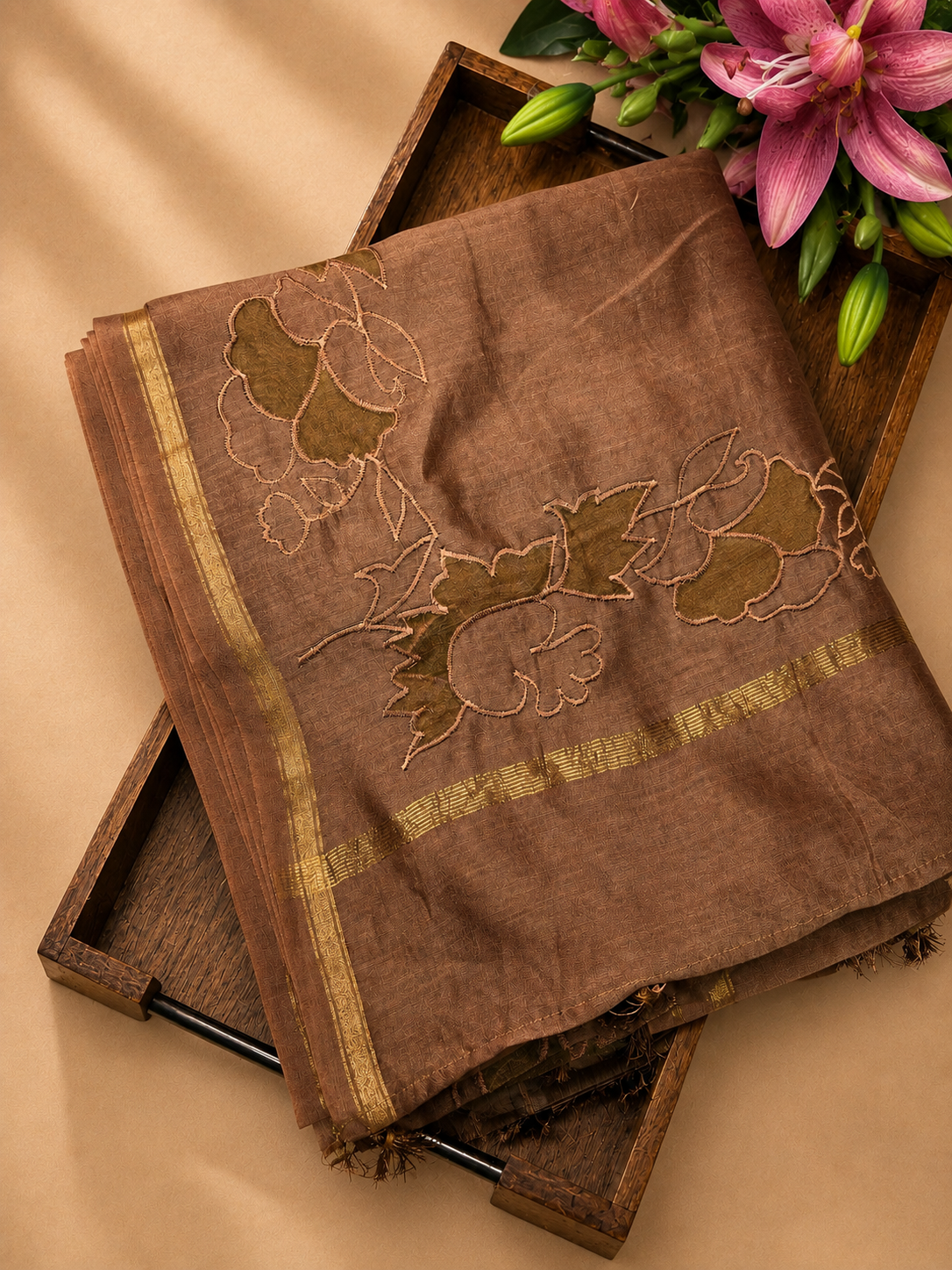 Cocoa brown mul Chanderi saree with fine cutwork detailing