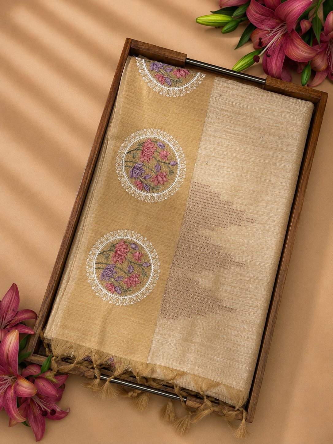 Beige matka silk saree with all-over floral embroidery