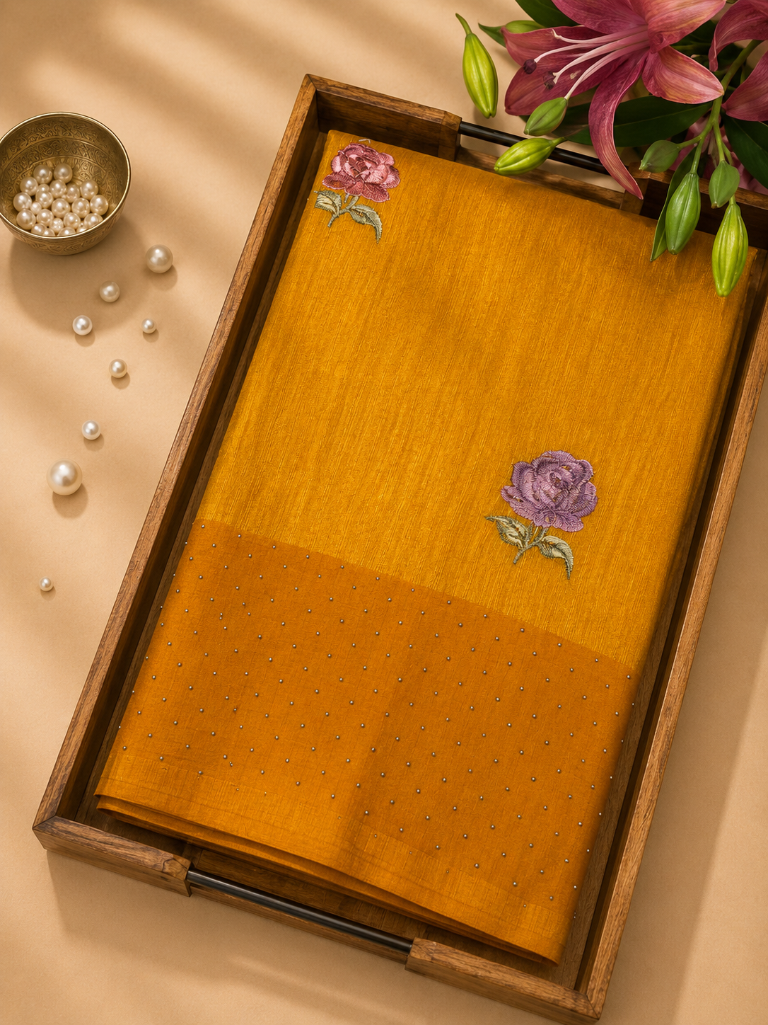 Mustard matka silk saree with floral embroidery and a natural slub