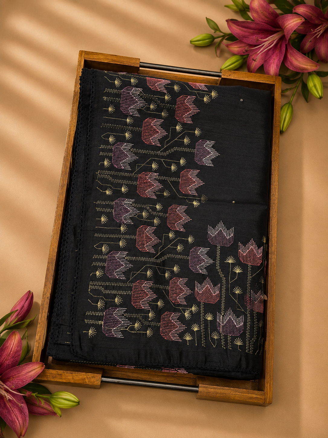 Black matka silk saree with delicate floral embroidery