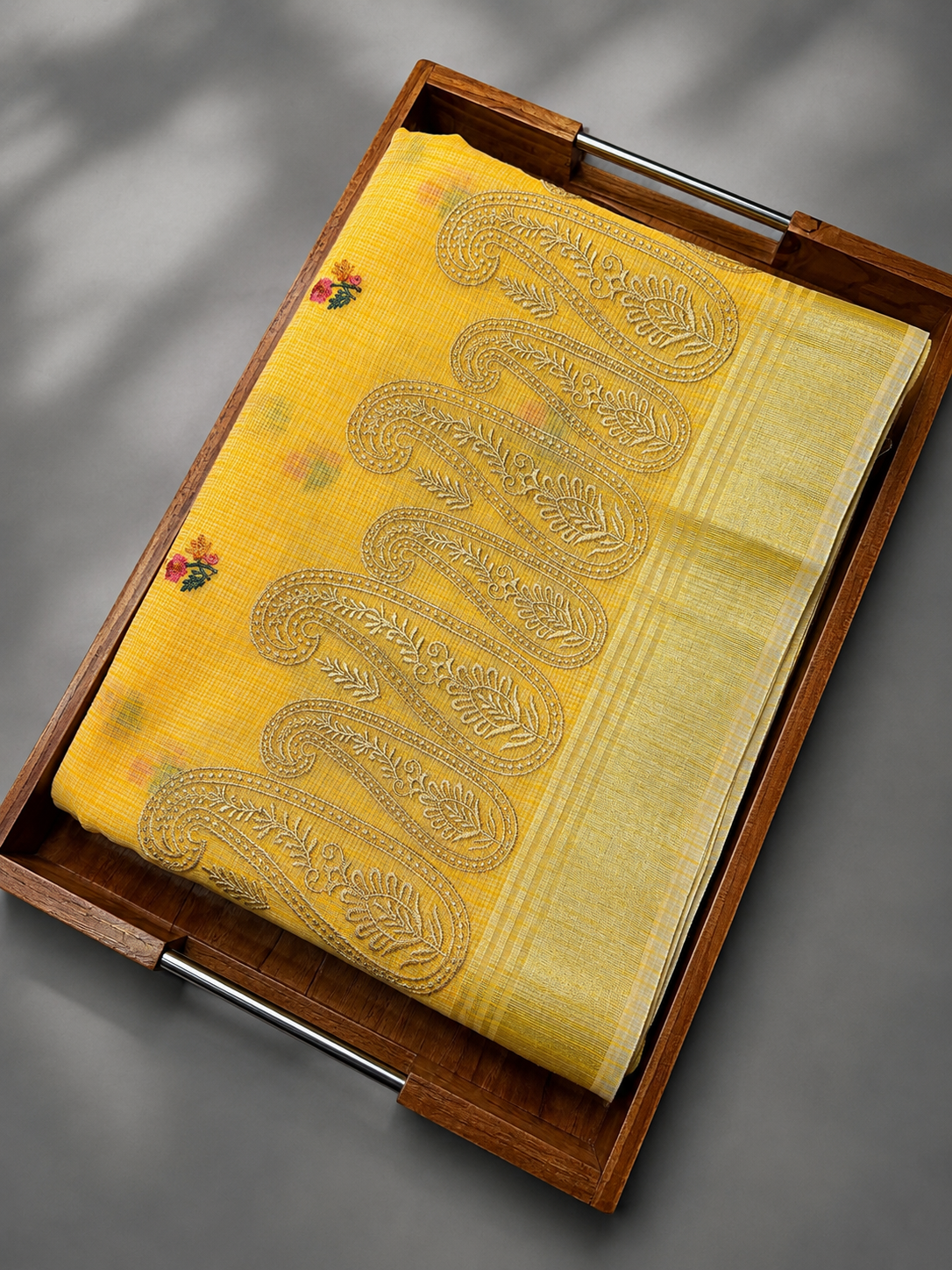 Yellow Kota Banarasi saree with a zari paisley pallu