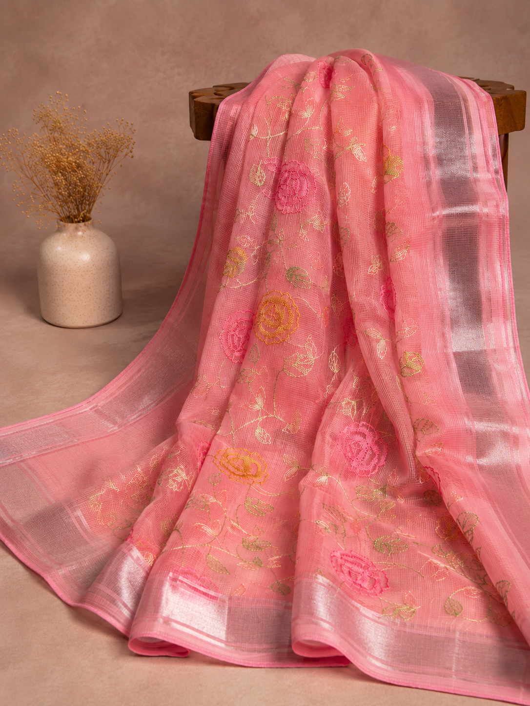 Peach Kota Banarasi saree with woven zari detailing