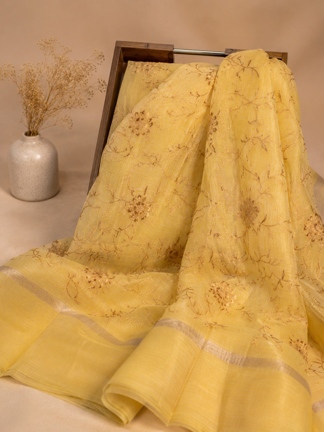 Yellow Kota Banarasi saree with woven zari detailing
