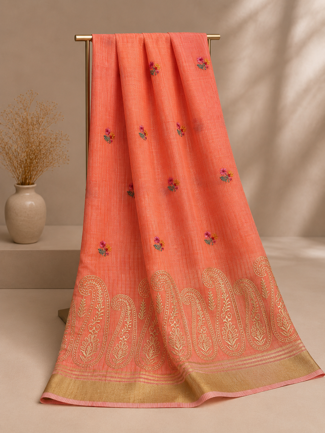 Peach Kota Banarasi saree with woven ambi paisley motifs
