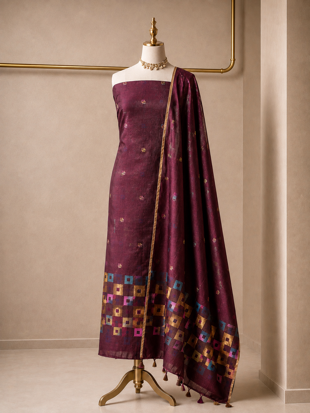 Deep burgundy pure linen Jamdani unstitched suit set with geometric motifs, kurta fabric and dupatta