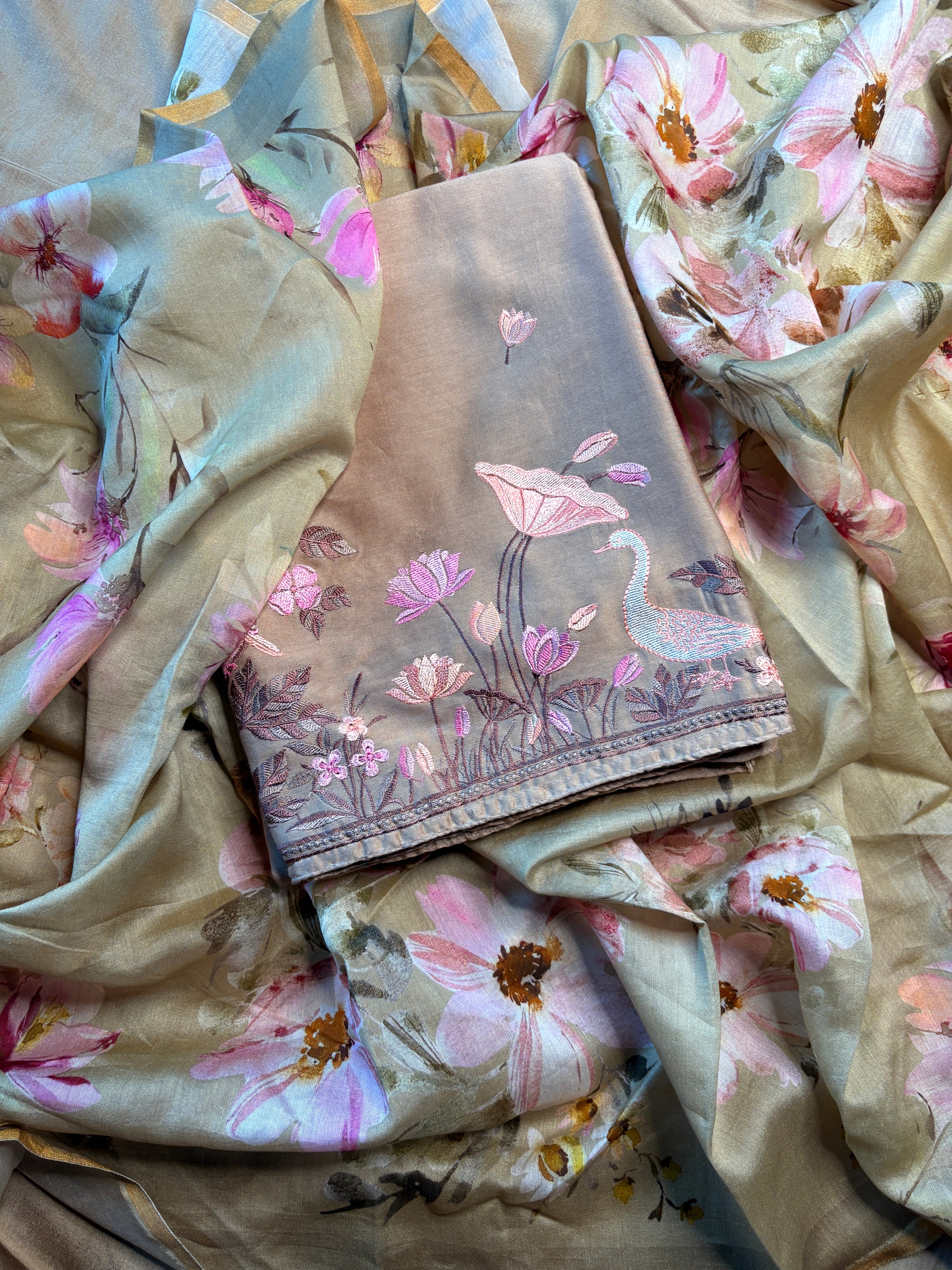 Chanderi Suit Set with Flamingo Embroidery
