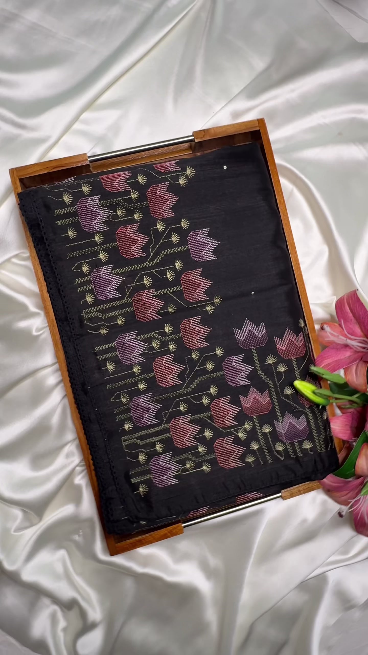 Black Matka Silk Saree with Floral Embroidery